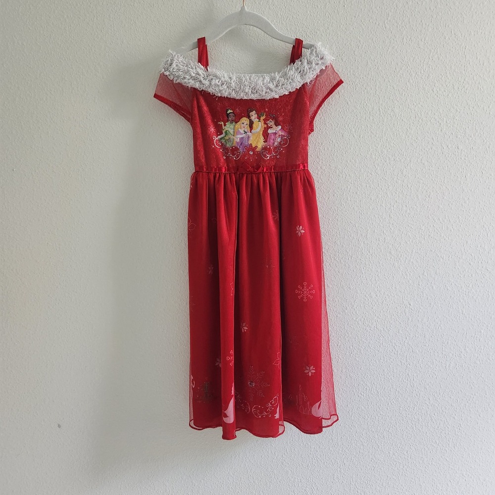 Disney Princess Red Christmas Nightgown Faux Fur Trim Girls XS 4/5 Holiday Dress
